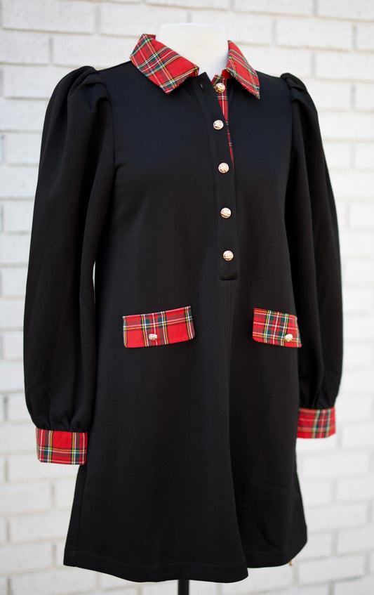 BLACK PUFF SHOULDER LONG SLEEVE SHIFT DRESS WITH PLAID ACCENT
