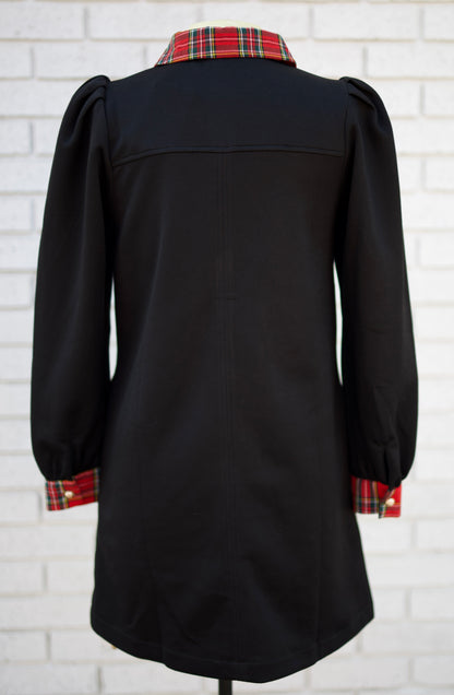 BLACK PUFF SHOULDER LONG SLEEVE SHIFT DRESS WITH PLAID ACCENT