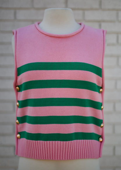 PINK & GREEN STRIPED SHORT SLEEVED SWEATER