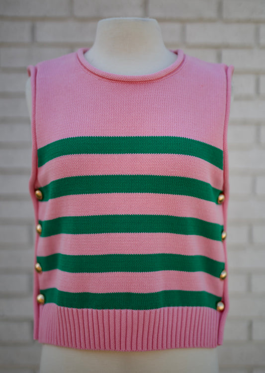 PINK & GREEN STRIPED SHORT SLEEVED SWEATER