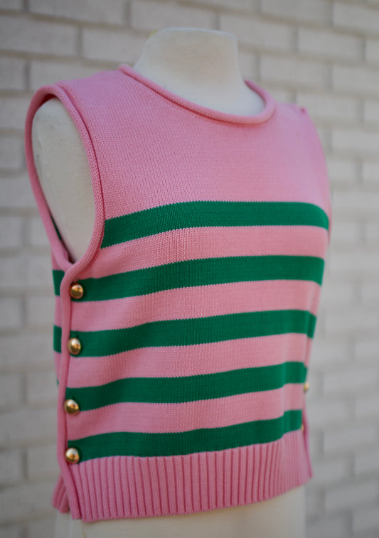 PINK & GREEN STRIPED SHORT SLEEVED SWEATER