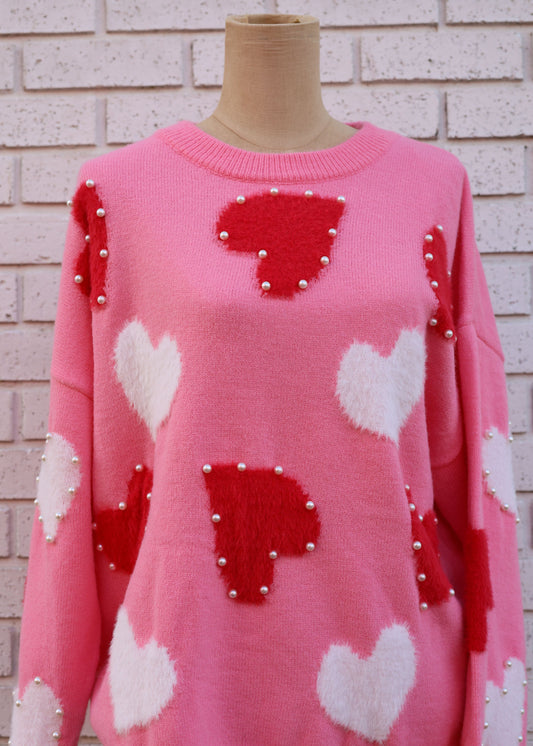 PINK SWEATER W/RED HEARTS & PEARLS