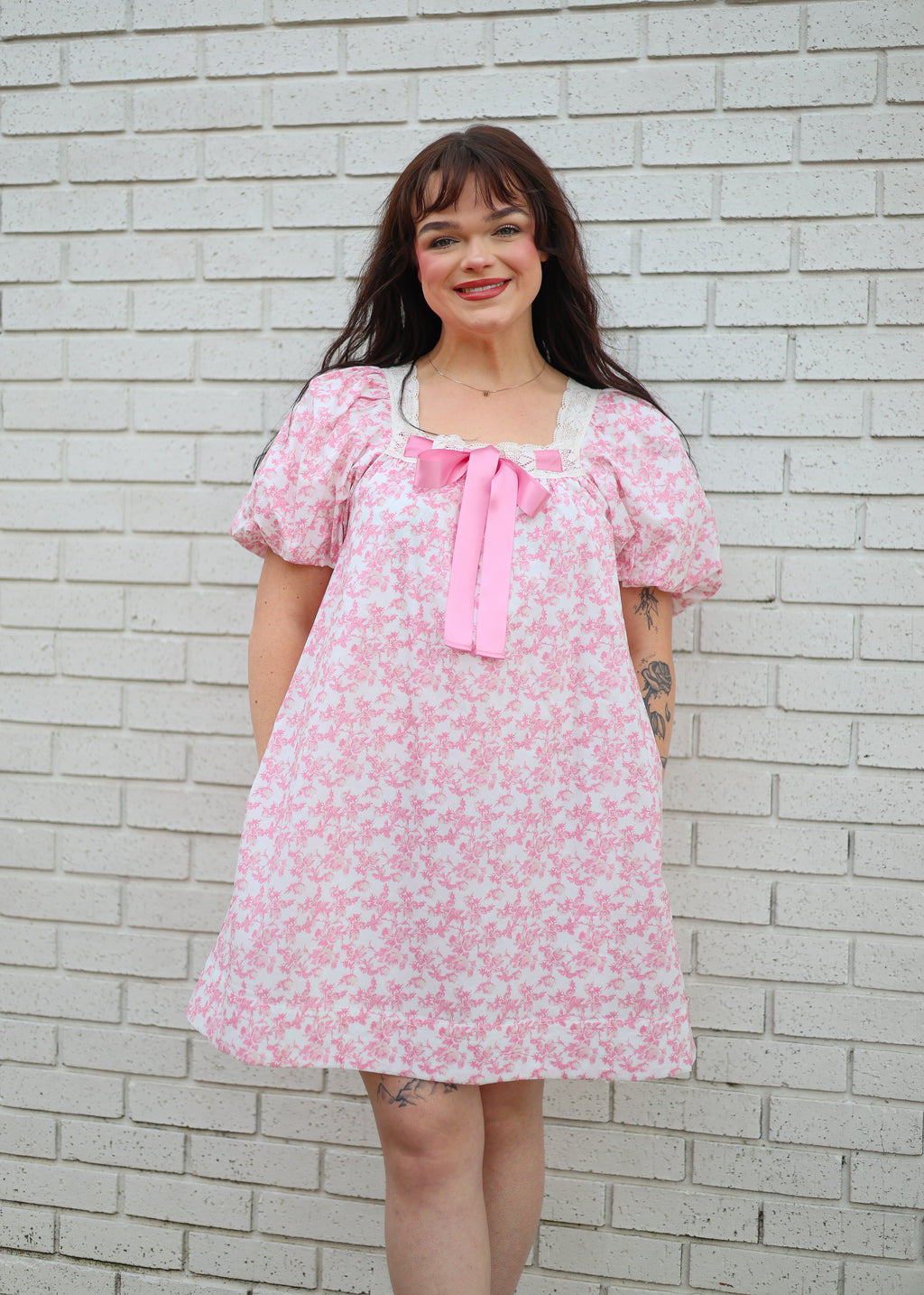 PINK FLORAL PRINT BUBBLE SLEEVE MINI DRESS