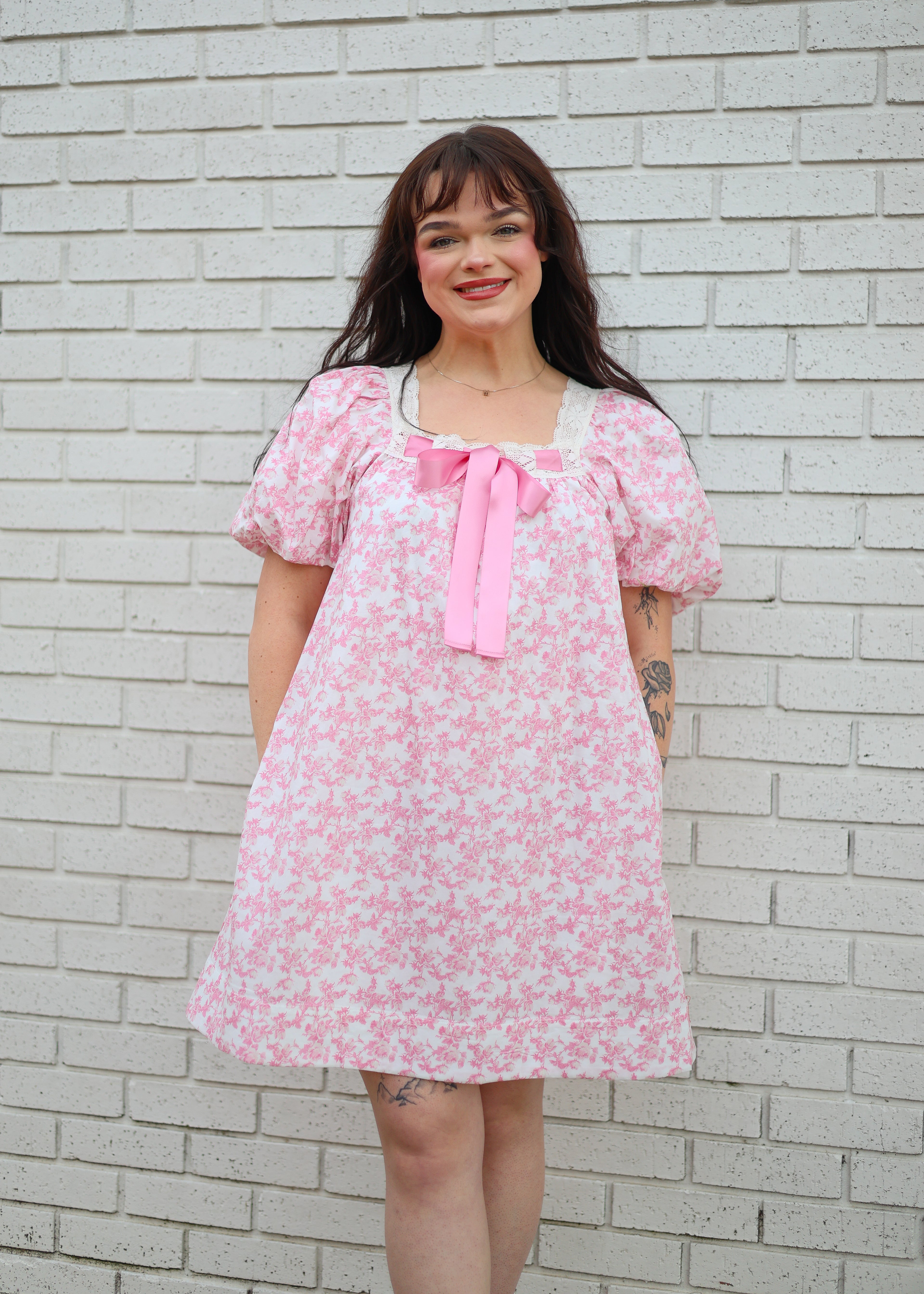 PINK FLORAL PRINT BUBBLE SLEEVE MINI DRESS