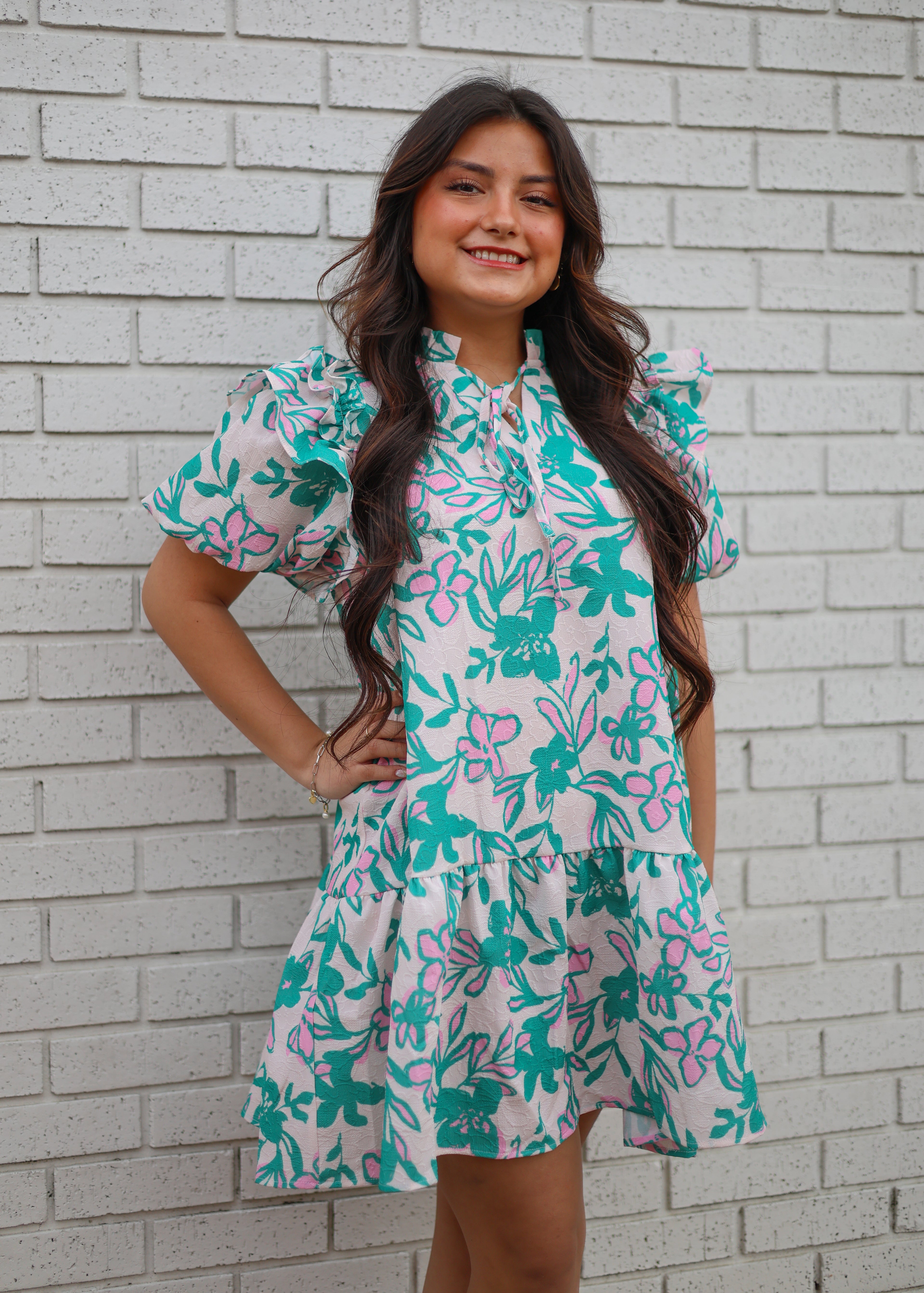 PINK & GREEN FLORAL JACQUARD RUFFLE DETAIL PUFF SLEEVE MINI DRESS