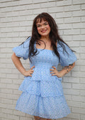 BLUE SMOCKED BODICE BUBBLE SLEEVE TIERED MINI DRESS