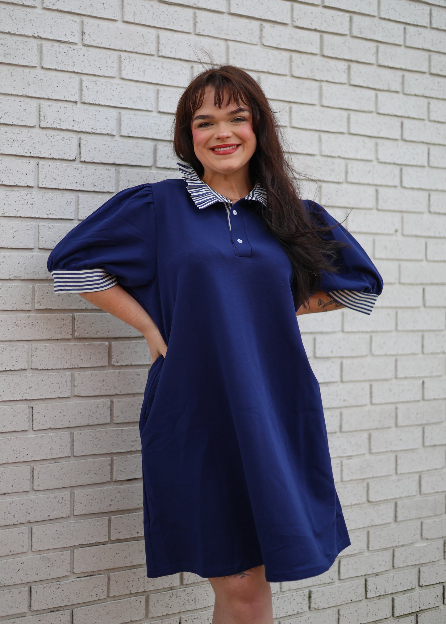 NAVY SHORT SLEEVE POLO DRESS WITH STRIPE CONTRAST RUFFLE COLLAR AND SLEEVE TRIM