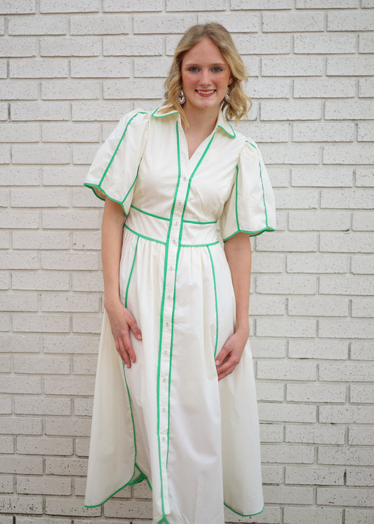 CREAM MIDI DRESS WITH GREEN CONTRAST BINDING