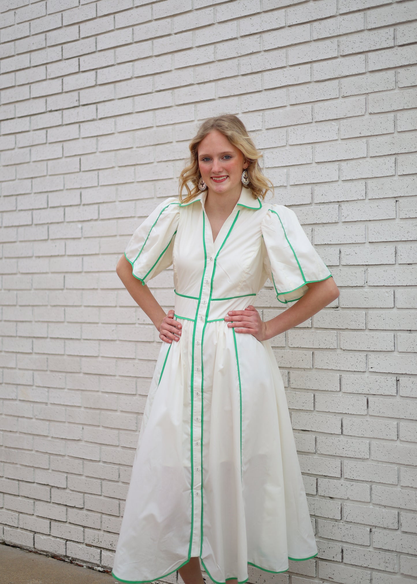 CREAM MIDI DRESS WITH GREEN CONTRAST BINDING