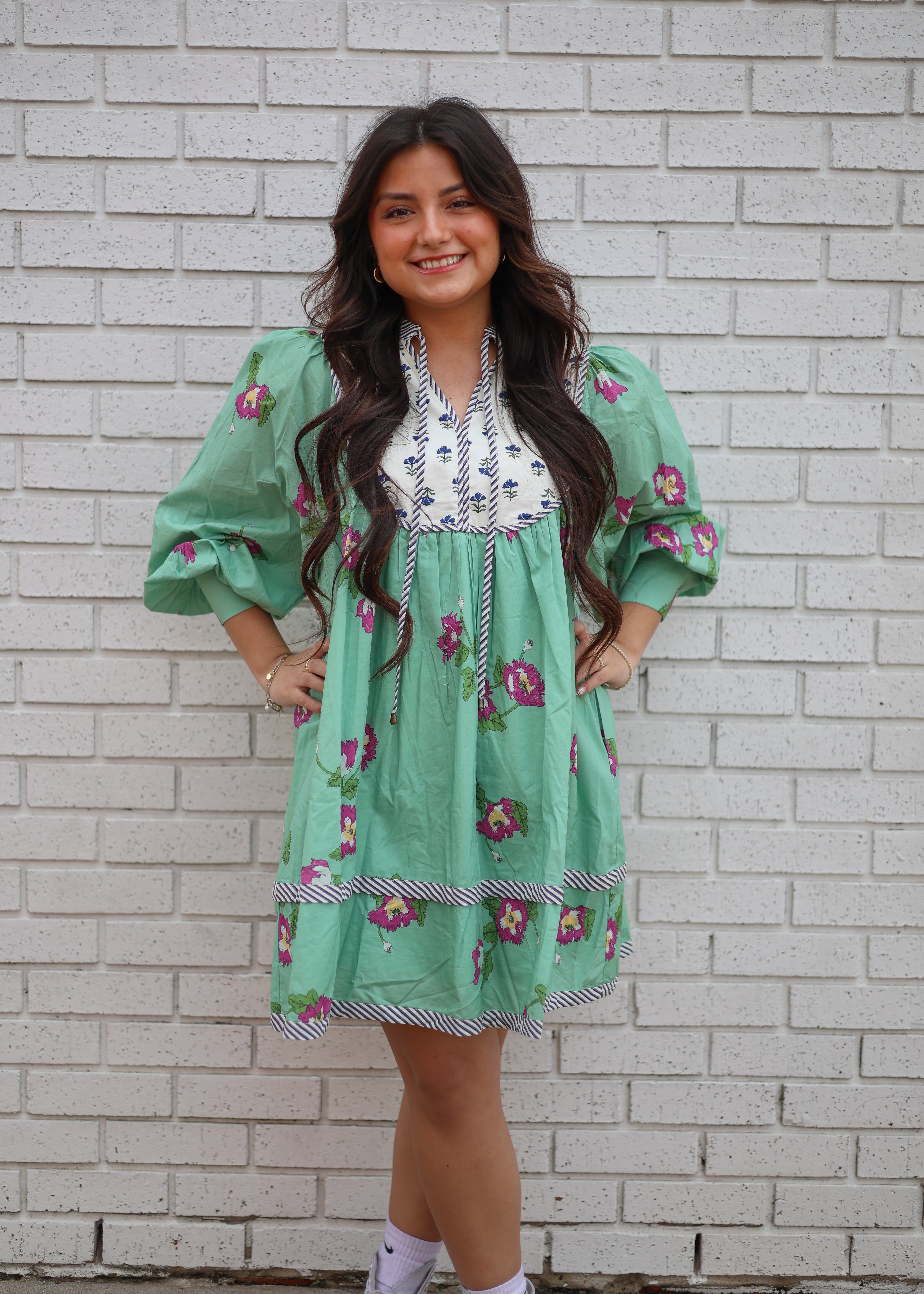 PISTACHIO FLORAL DRESS WITH NAVY FLORAL NECK