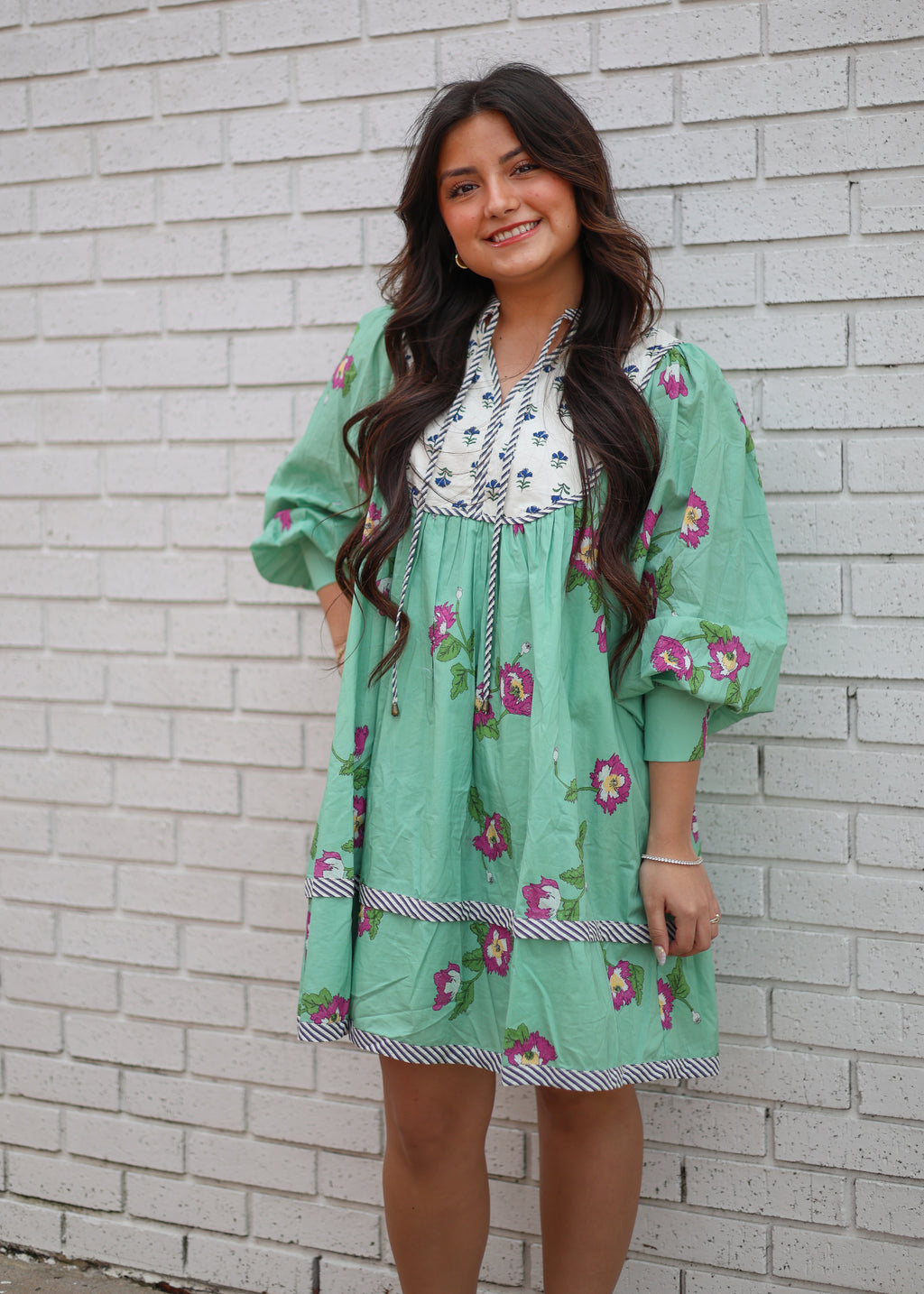 PISTACHIO FLORAL DRESS WITH NAVY FLORAL NECK