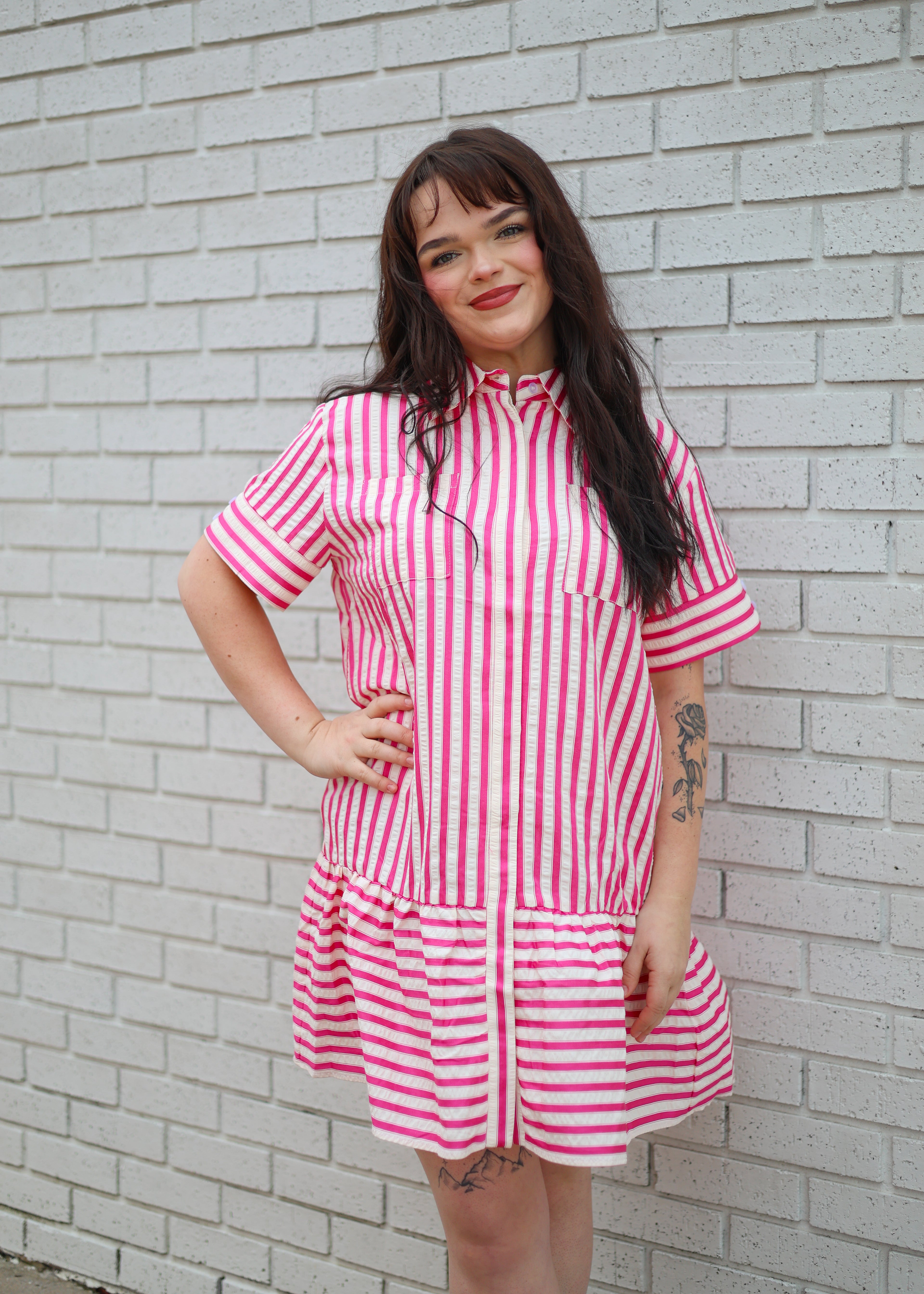 PINK SHORT SLEEVE STRIPED DRESS
