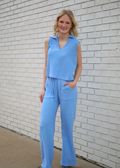 BLUE SLEEVELESS TOP WITH PANTS 2PC SET