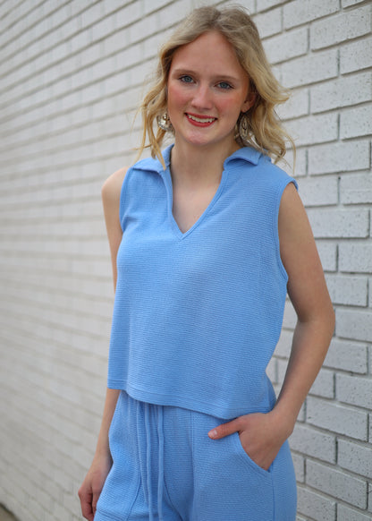 BLUE SLEEVELESS TOP WITH PANTS 2PC SET