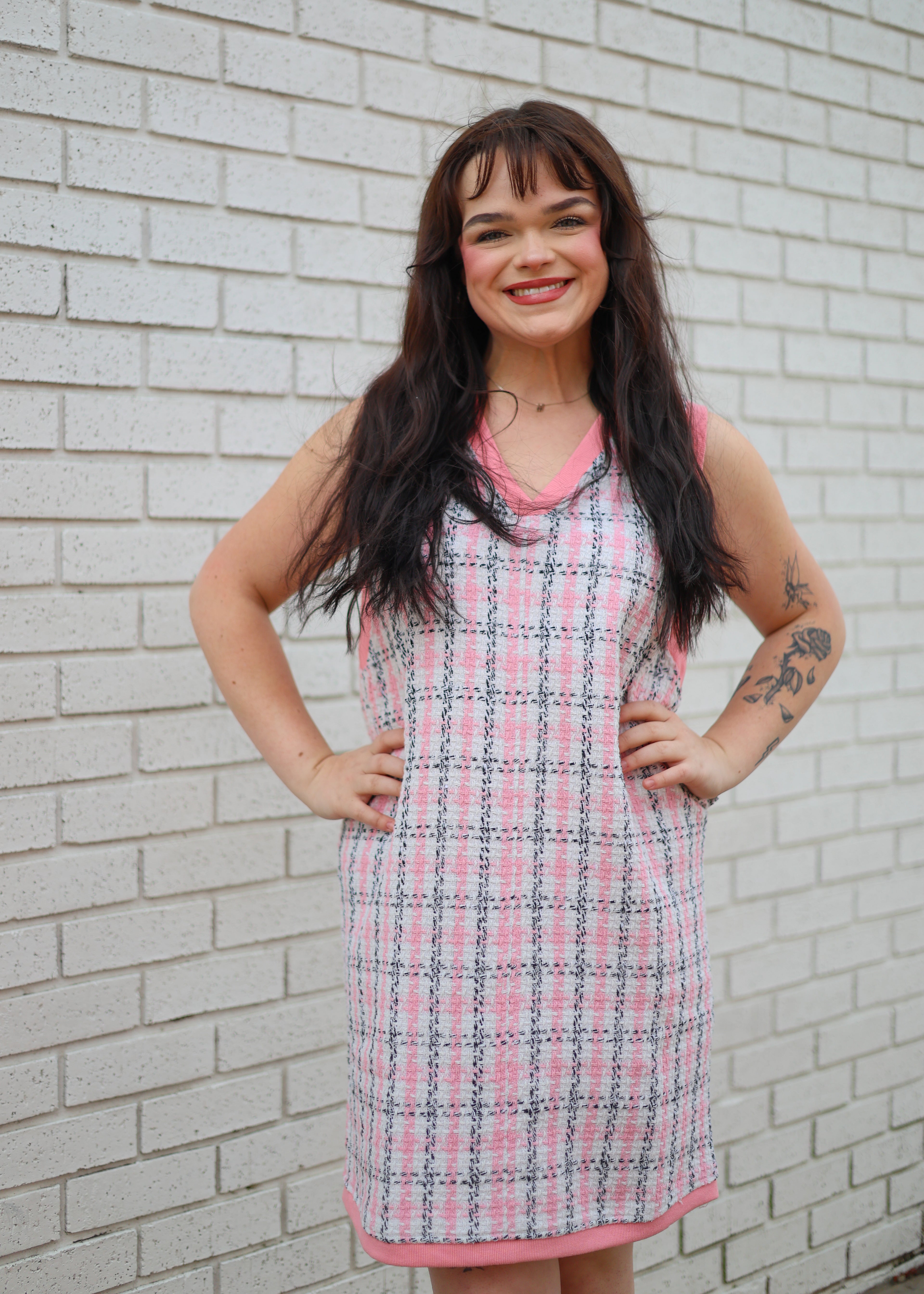 CONTRAST BAND DETAIL WOVEN TWEED DRESS - PINK