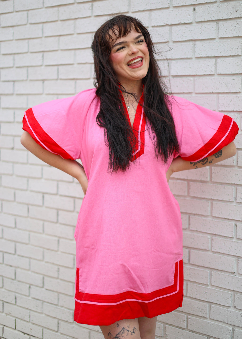 PINK WITH RED COLORBLOCK TRIM DRESS