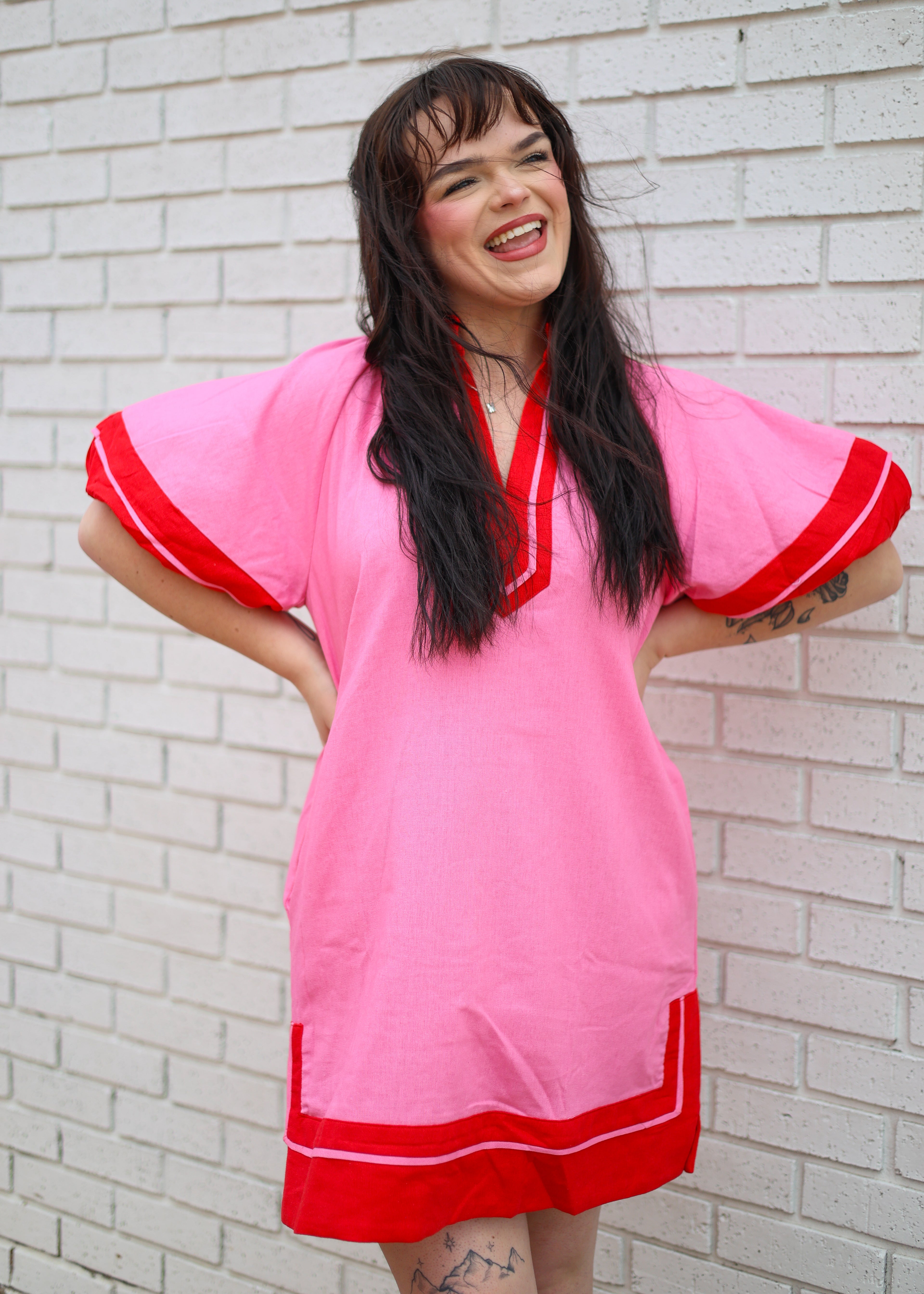 PINK WITH RED COLORBLOCK TRIM DRESS