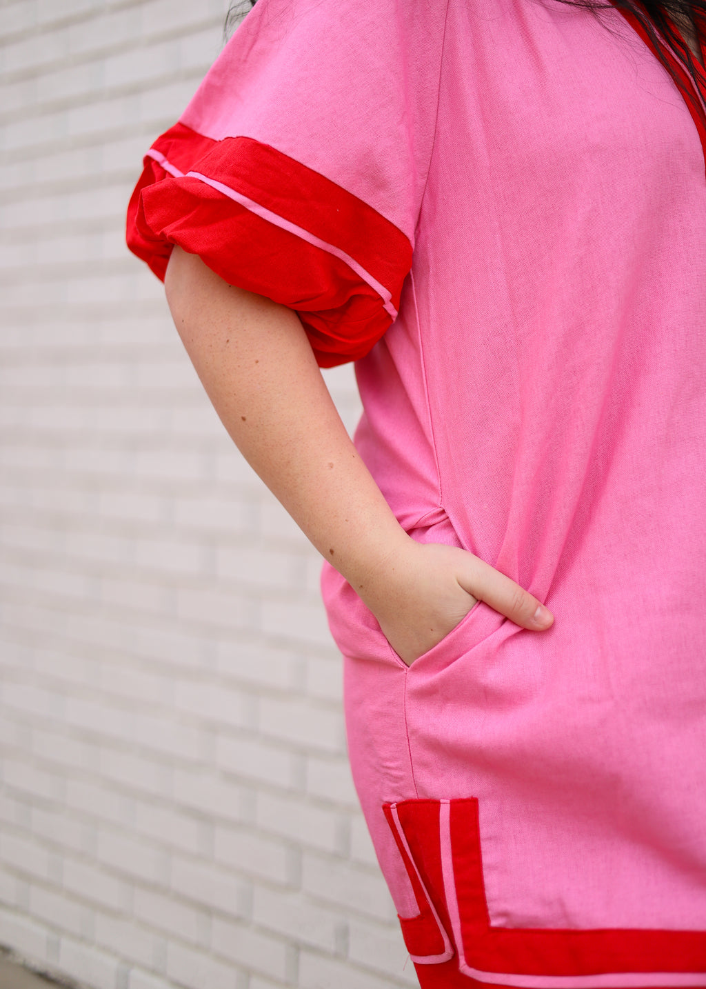 PINK WITH RED COLORBLOCK TRIM DRESS