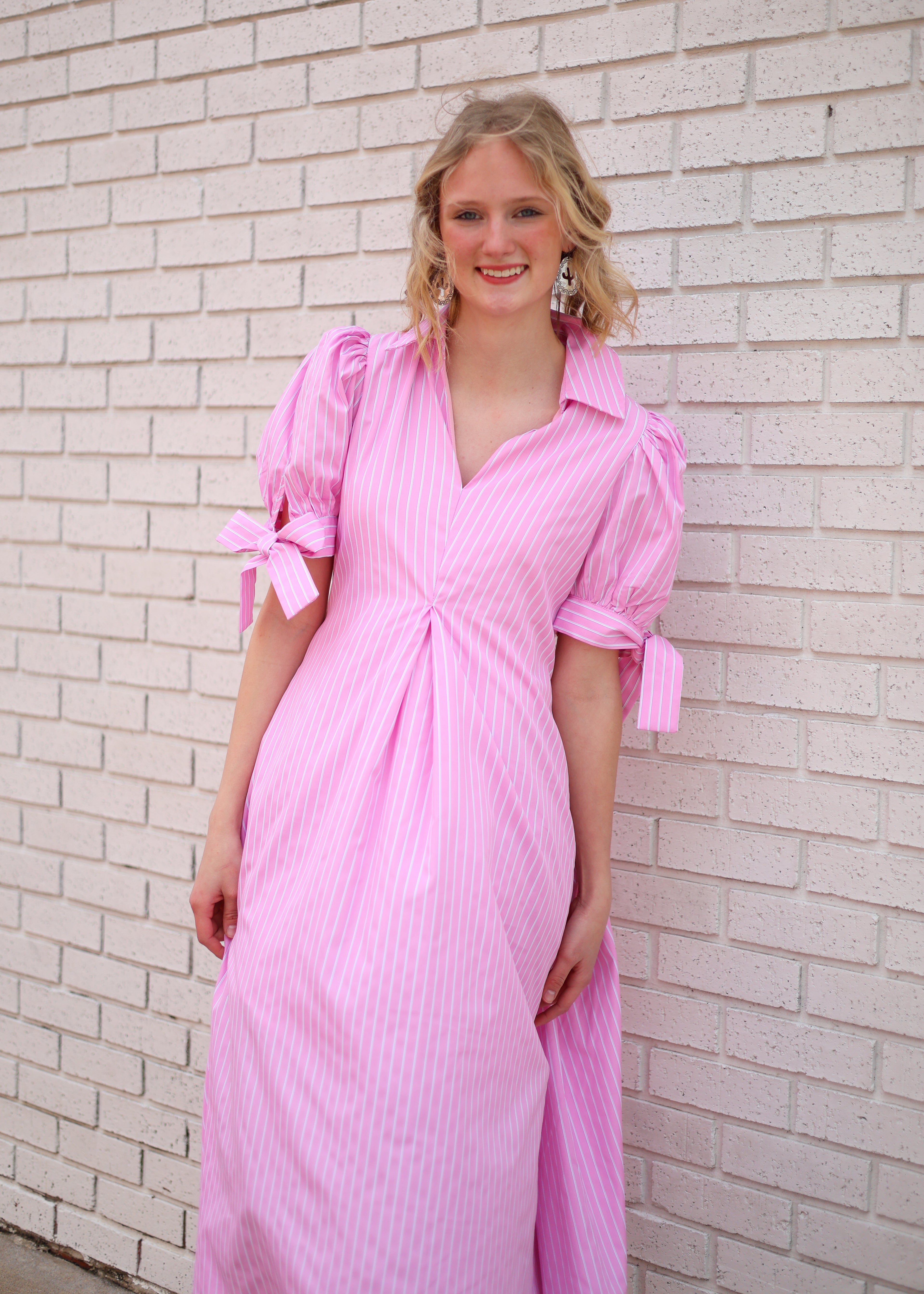 PINK PINSTRIPE LONG SHIRT DRESS