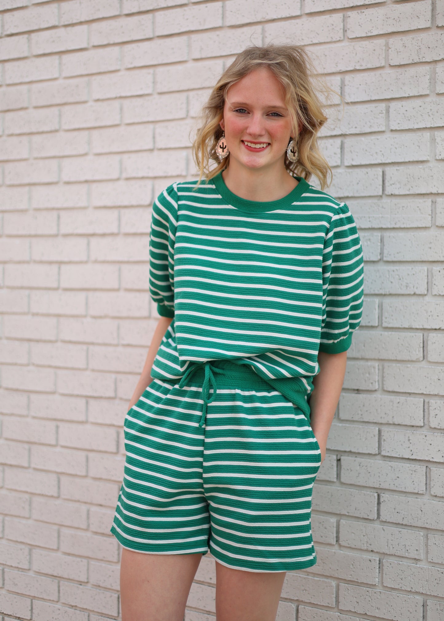 GREEN & WHITE STRIPE 2PC SHORT SET