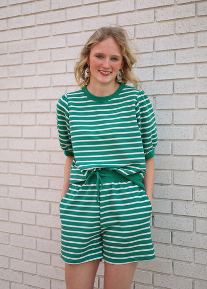 GREEN & WHITE STRIPE 2PC SHORT SET