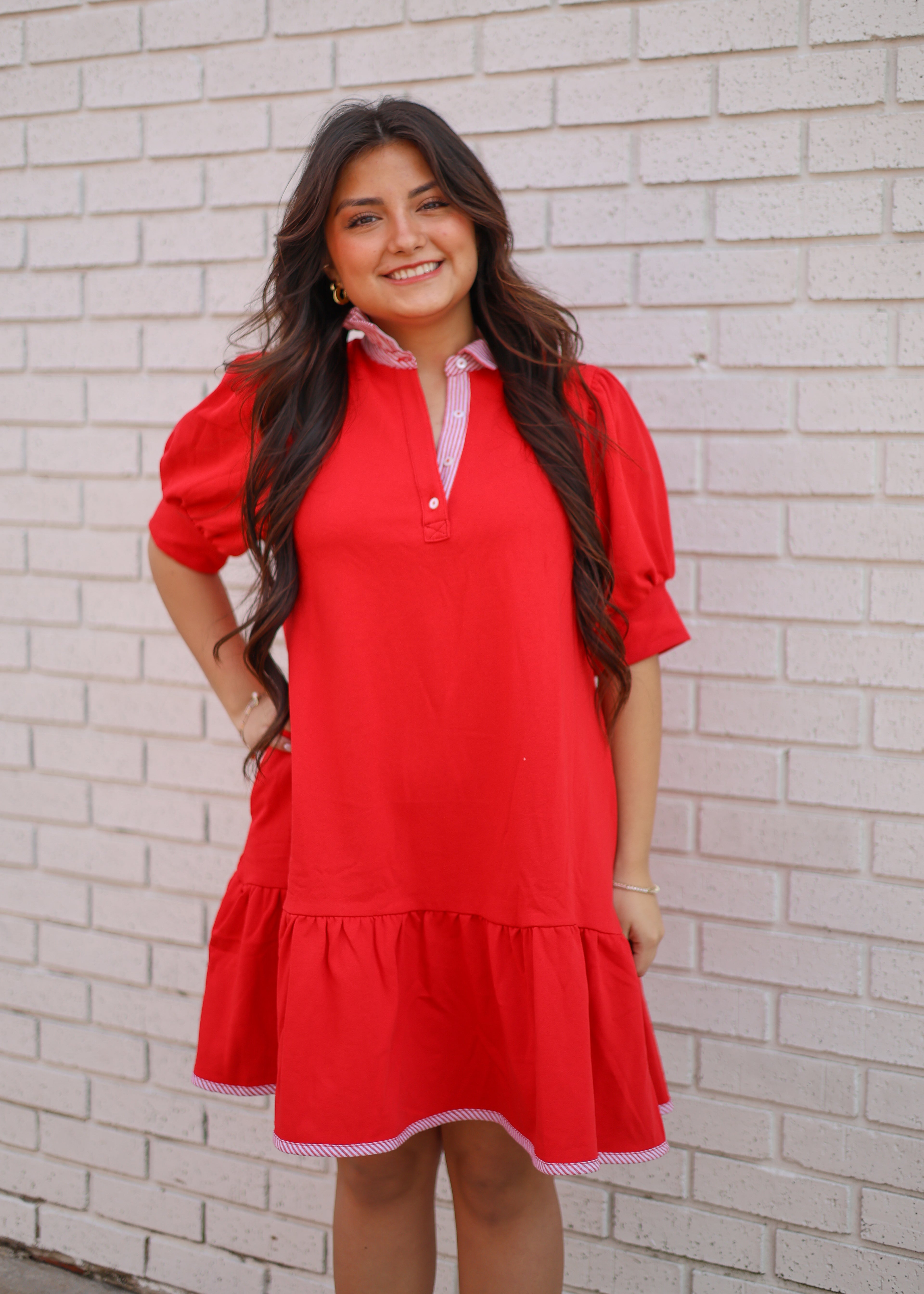 Red Puff Sleeve Drop Waist Dress w/Pinstripe Detail