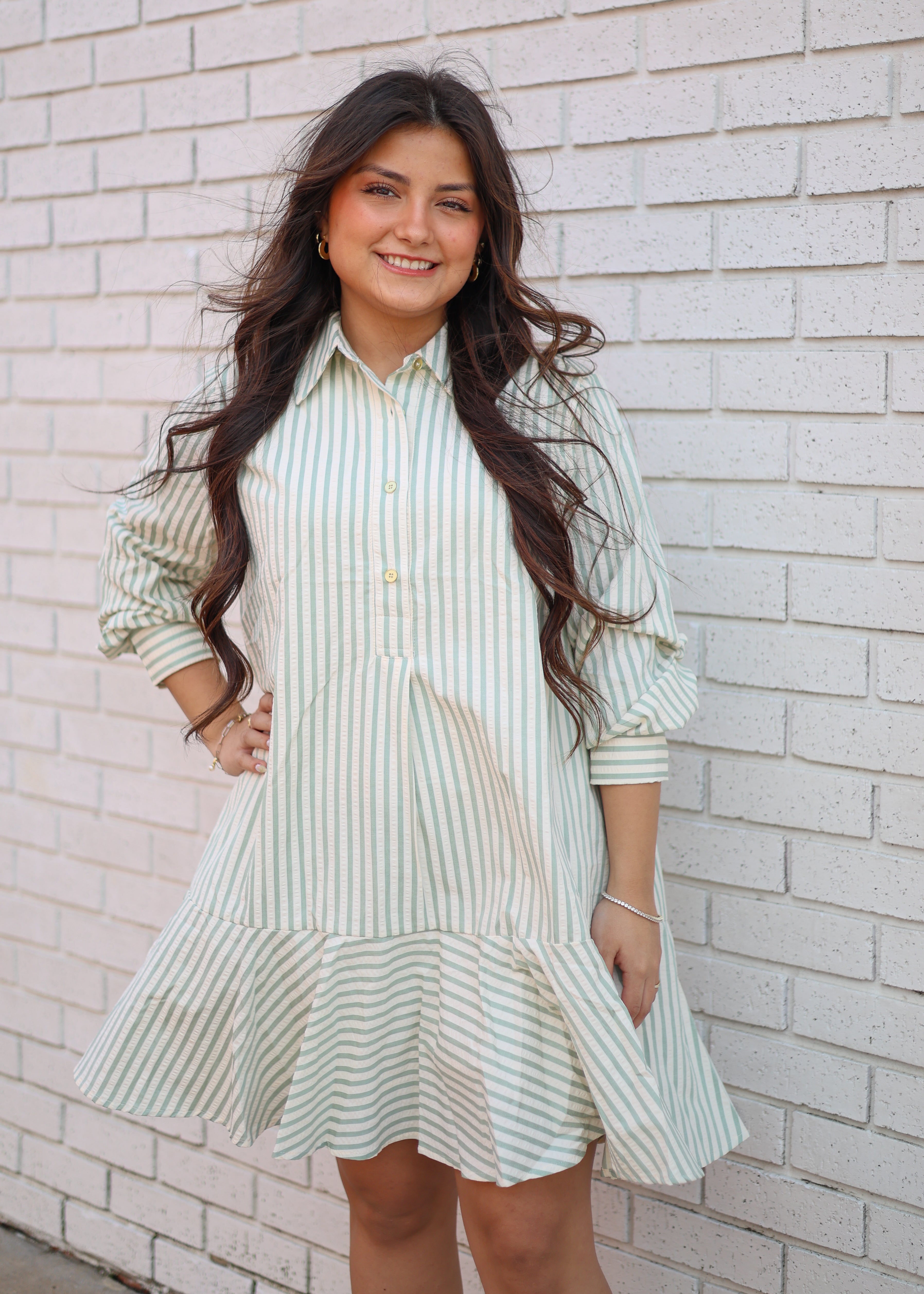 Sage & Ivory Stripe Long Sleeve Drop Waist Mini Dress