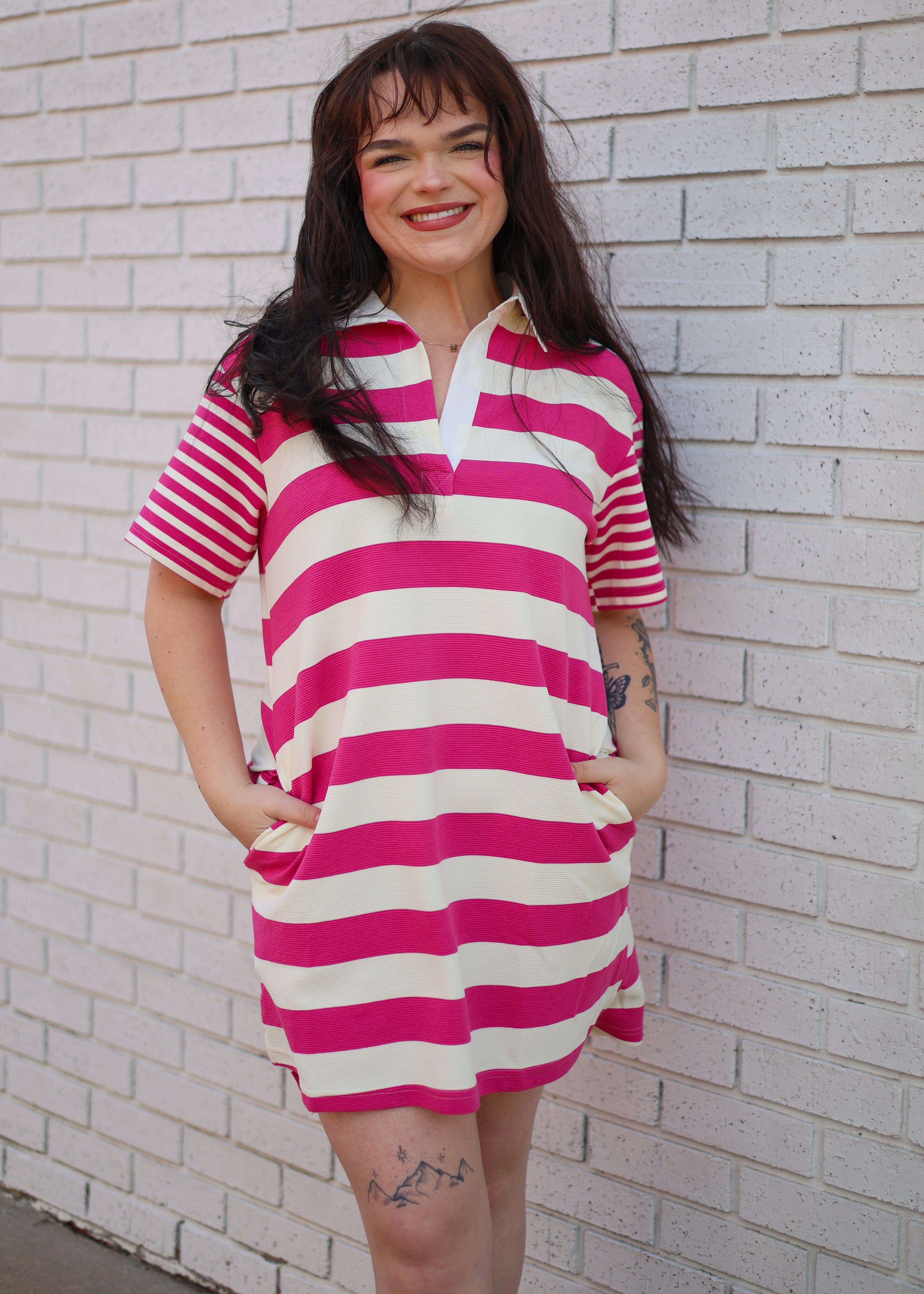 FUCHSIA & CREAM STRIPED COLLARED DRESS