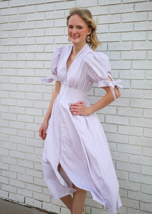 LAVENDER PINSTRIPE PUFF SLEEVE W/BOW DETAIL & VNECK