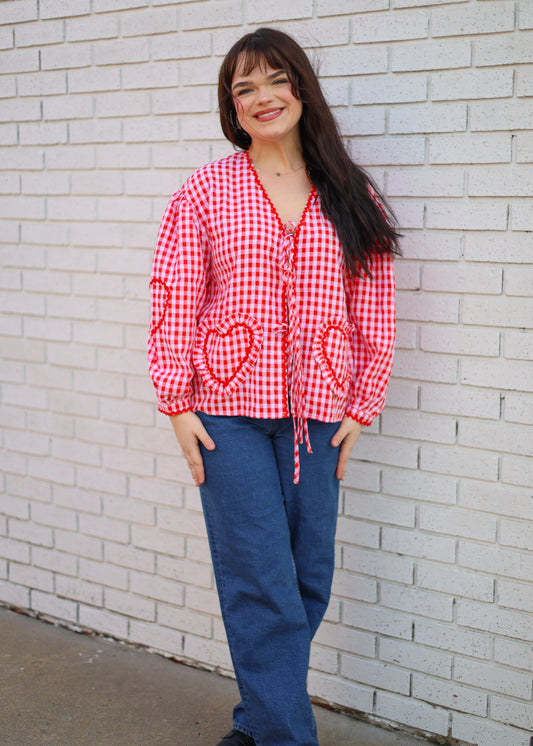 RED GINGHAM BLOUSE WITH HEART POCKETS