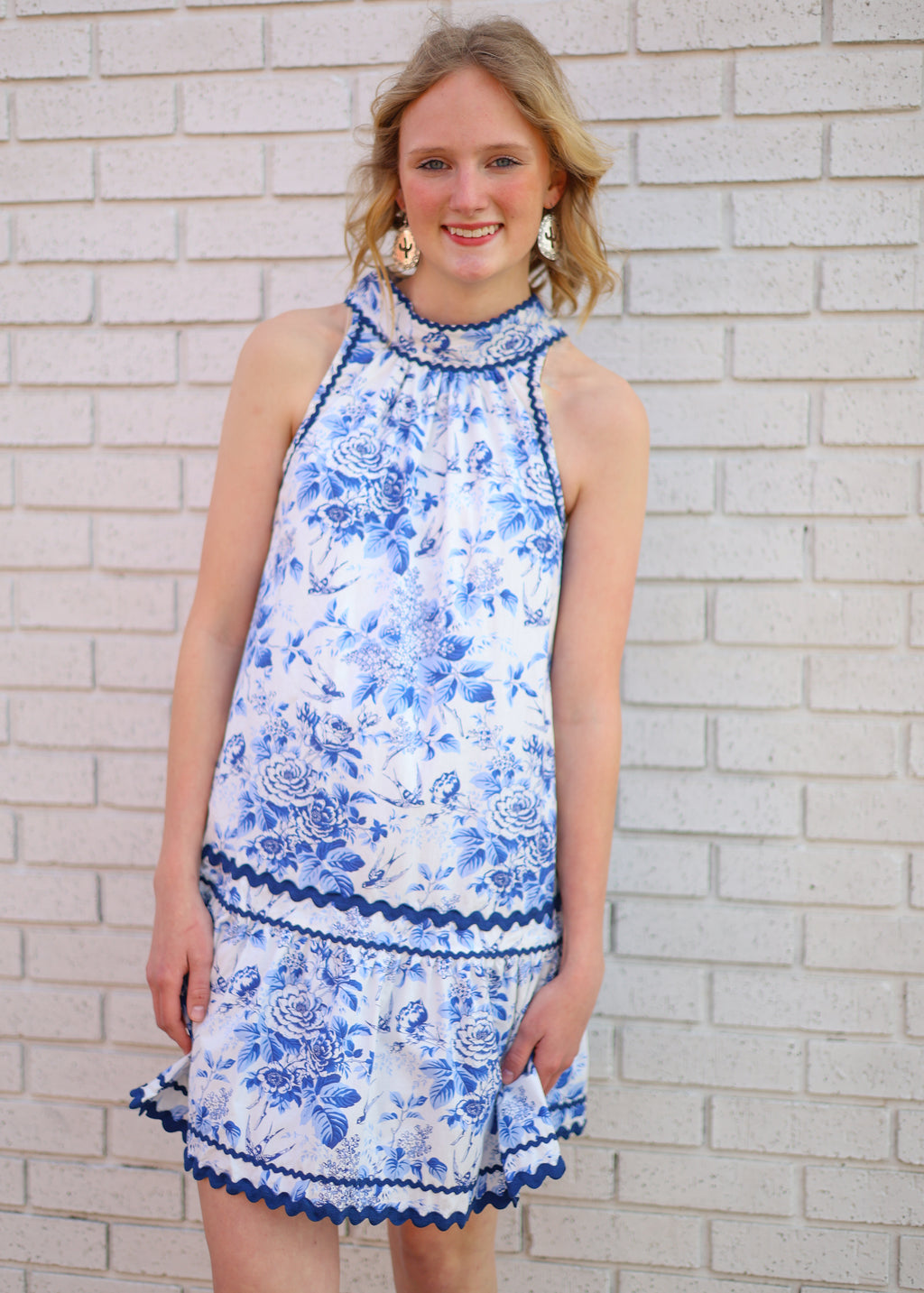 BLUE FLORAL PRINT HALTER NECK RICRAC TRIM DRESS