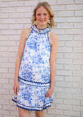 BLUE FLORAL PRINT HALTER NECK RICRAC TRIM DRESS