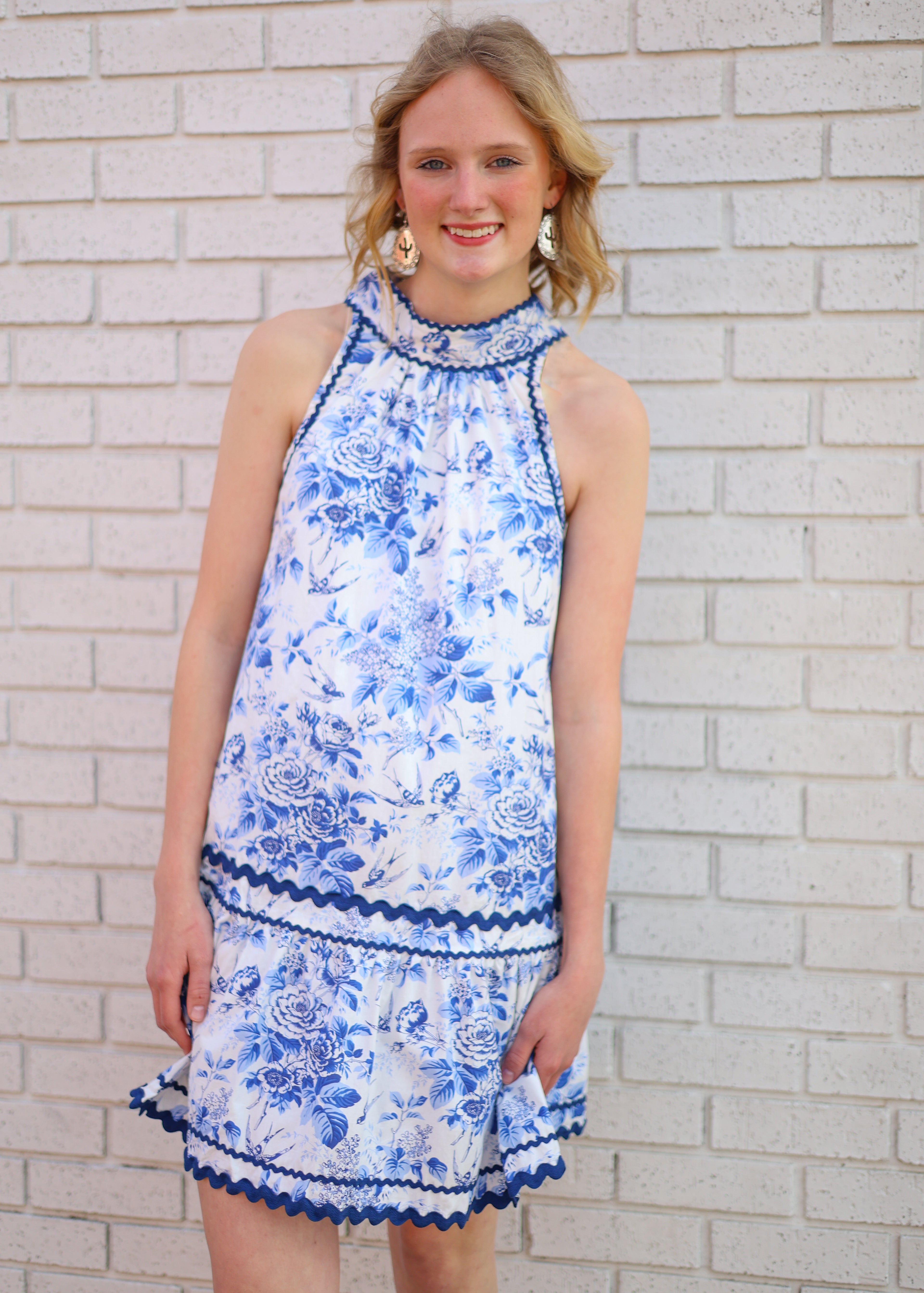 BLUE FLORAL PRINT HALTER NECK RICRAC TRIM DRESS