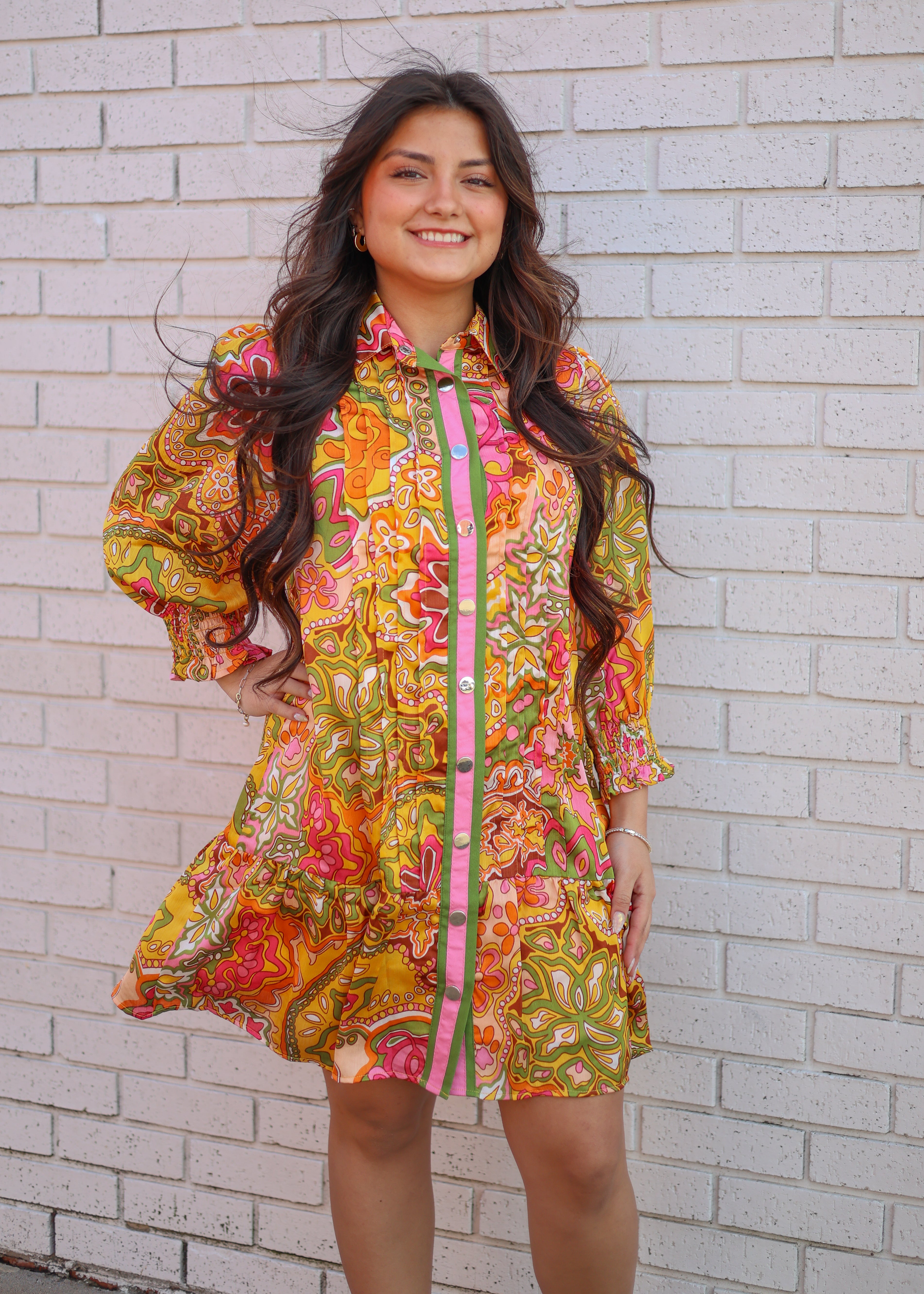 LONG SLEEVE PRINTED SNAPFRONT DRESS
