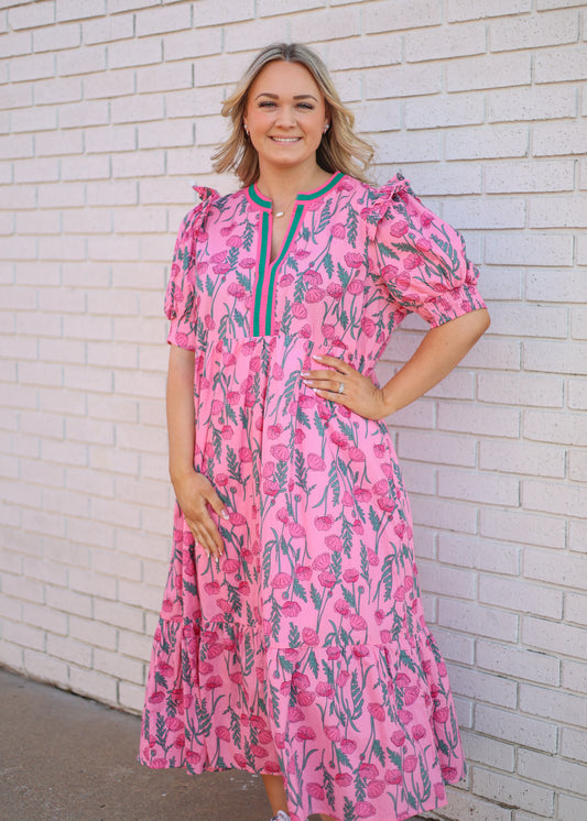 PINK FLORAL MIDI TIERED DRESS