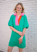 PUFF SLEEVE V'NECK DRESS - GREEN/PINK/ORANGE