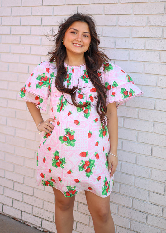 PINK & RED DOUBLE FLUTTER SLEEVE STRAWBERRY PRINT MINI DRESS