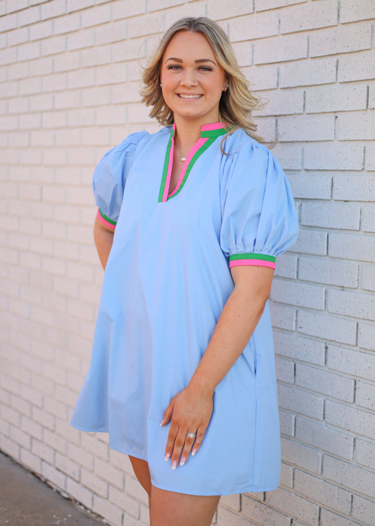 CHAMBRAY PUFF SLEEVE VNECK DRESS WITH PINK & GREEN CONTRAST TRIM