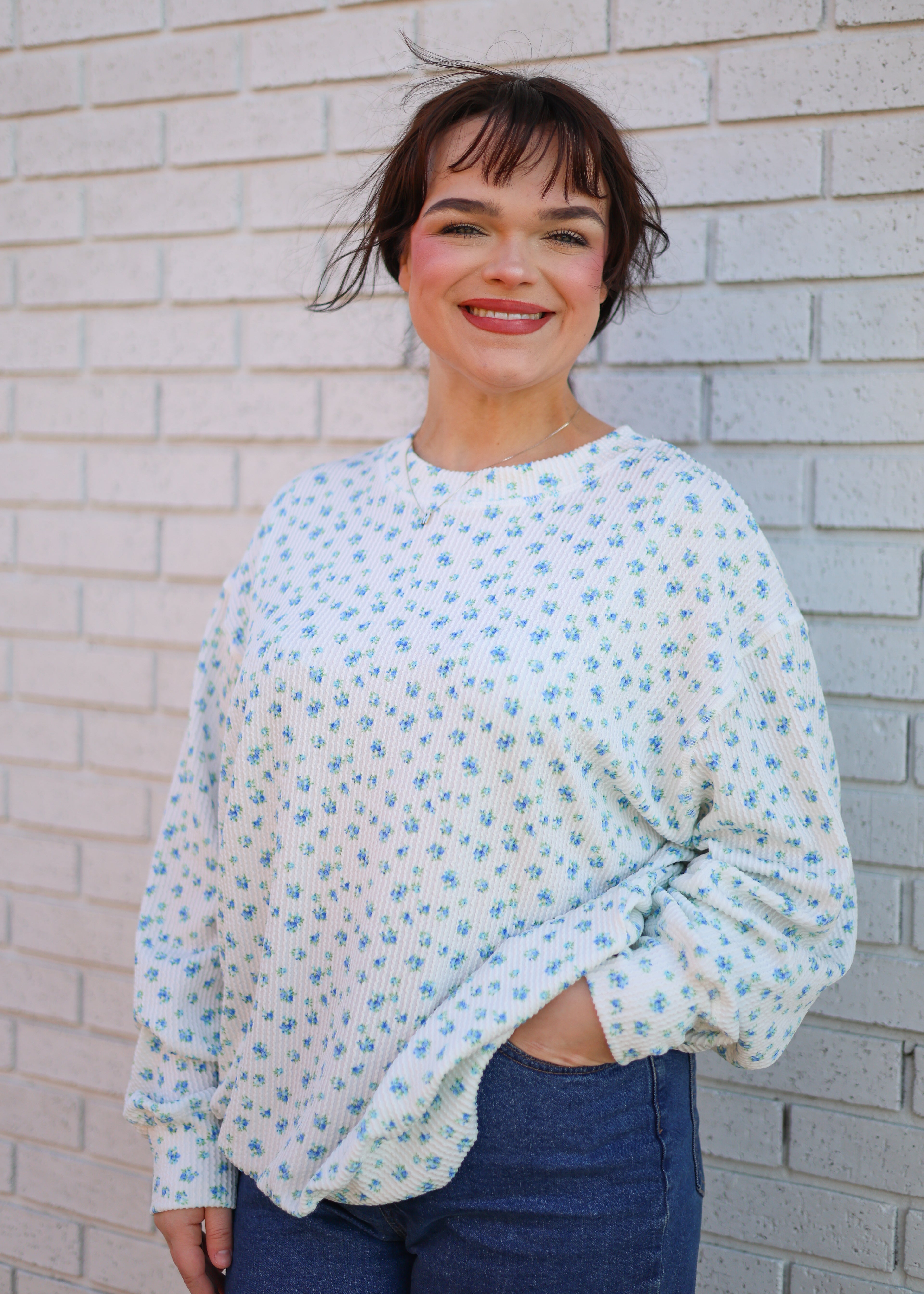 BLUE & IVORY FORAL PRINT URBAN RIBBED LONG SLEEVE TOP