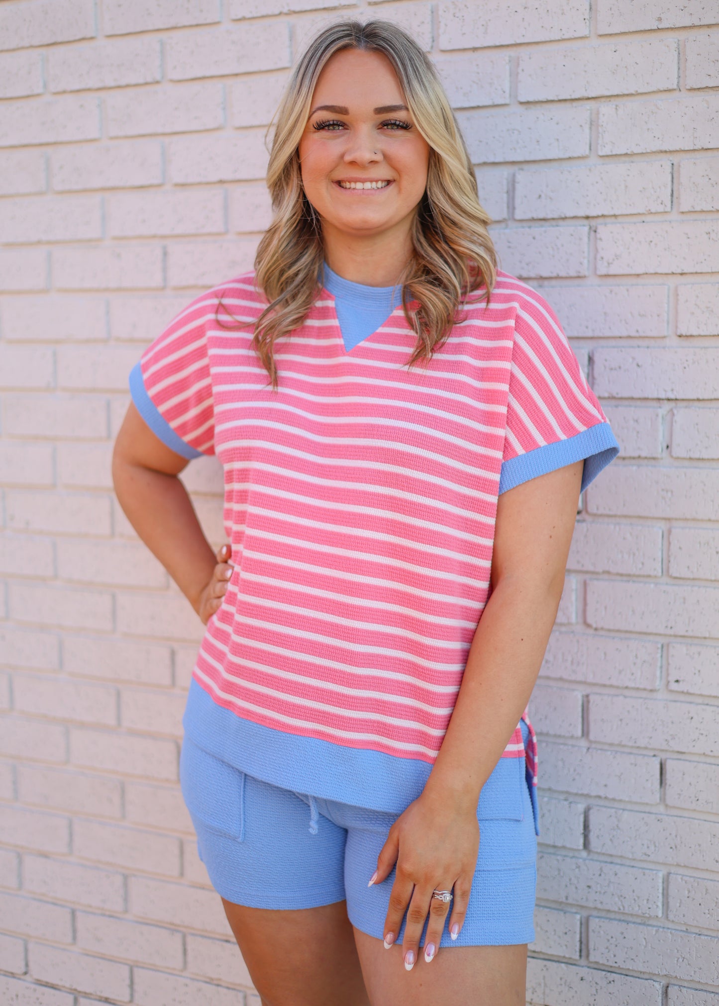 PINKBERRY STRIPE W/ BLUE TRIM 2PC SHORT SET