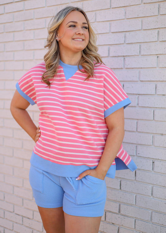 PINKBERRY STRIPE W/ BLUE TRIM 2PC SHORT SET