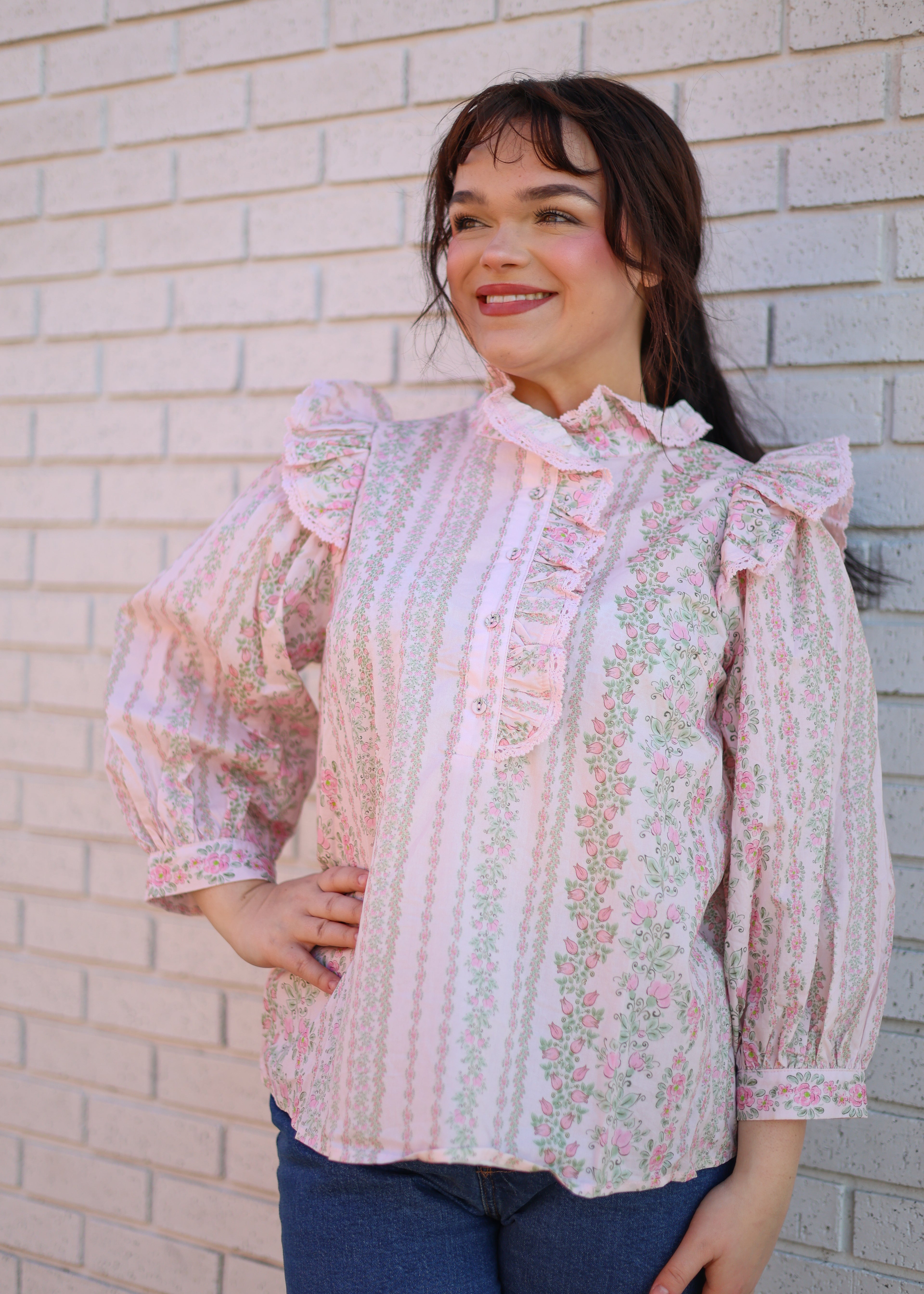 PINK VERTICAL FLORAL STRIPE RUFFLE BLOUSE
