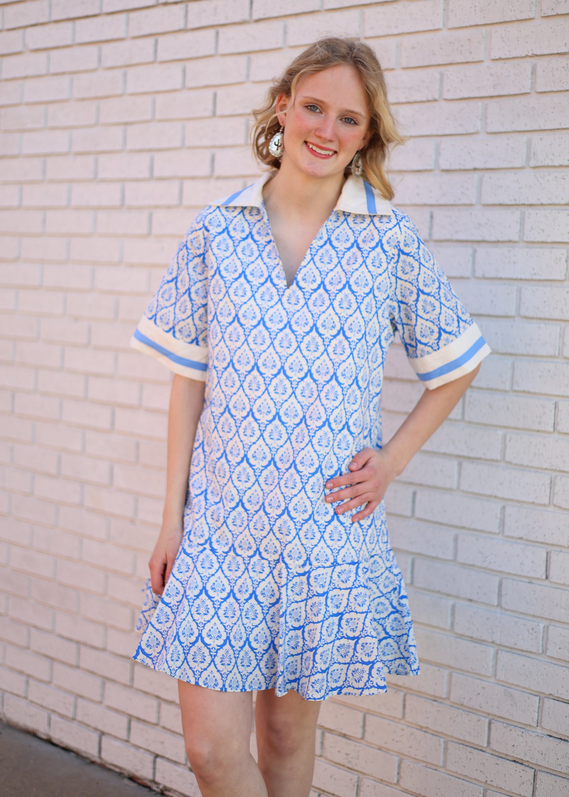 blue and cream striped dress Tanya Taylor | Short Sleeve Striped Cody Dress | Maritime Blue/cream Wide Stripe Midi Dress