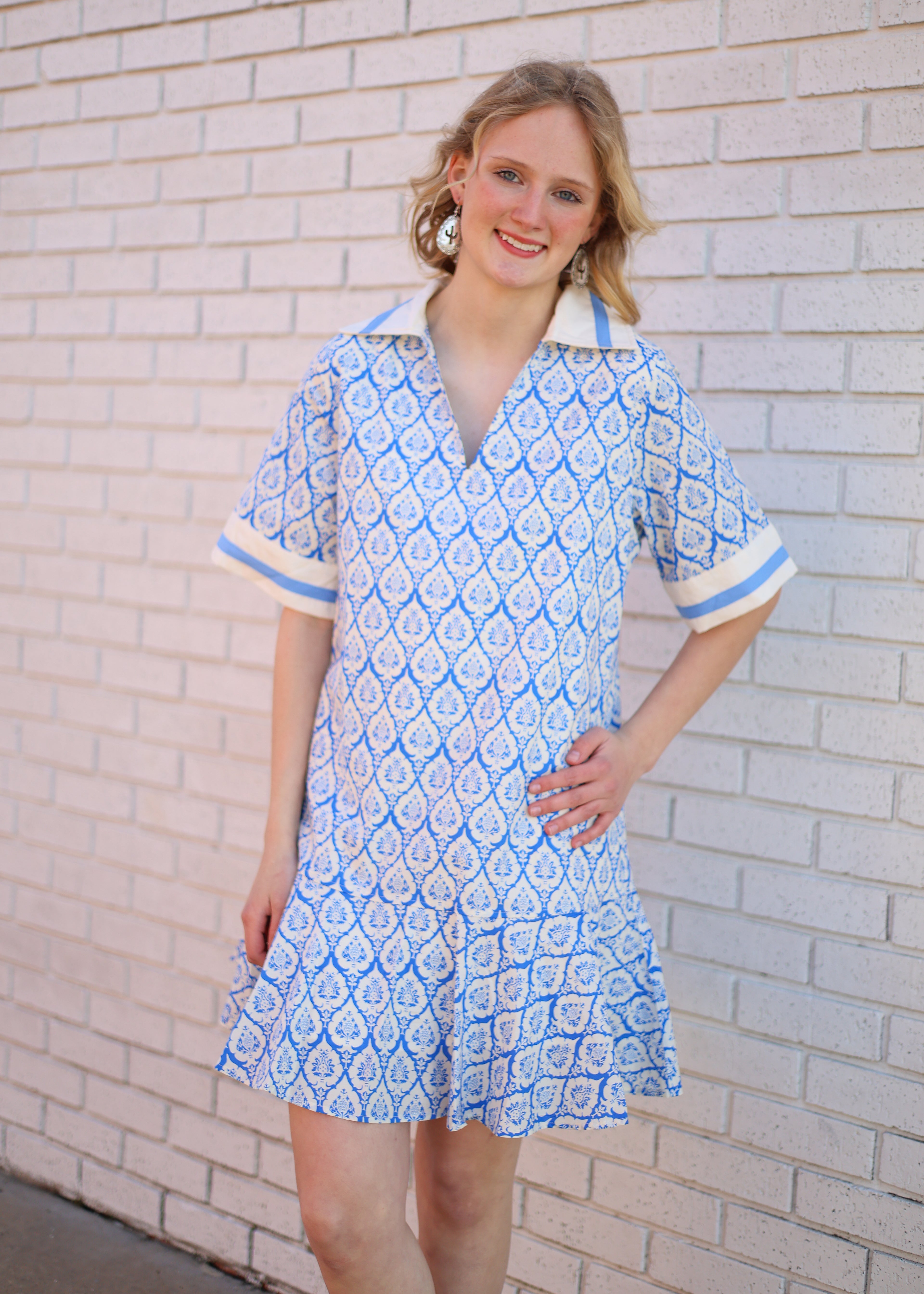BLUE & CREAM PRINT MINI DRESS W/STRIPE TRIM & RUFFLE SKIRT