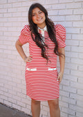 RED STRIPED PUFF SLEEVE KNIT MINI DRESS