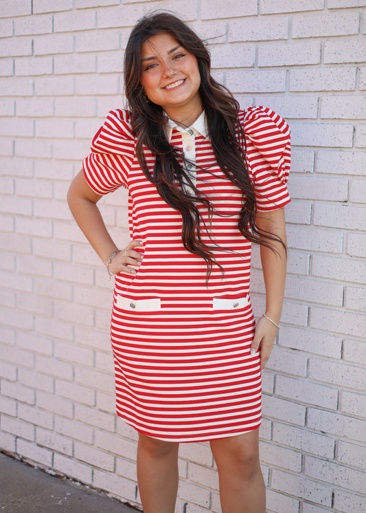 RED STRIPED PUFF SLEEVE KNIT MINI DRESS