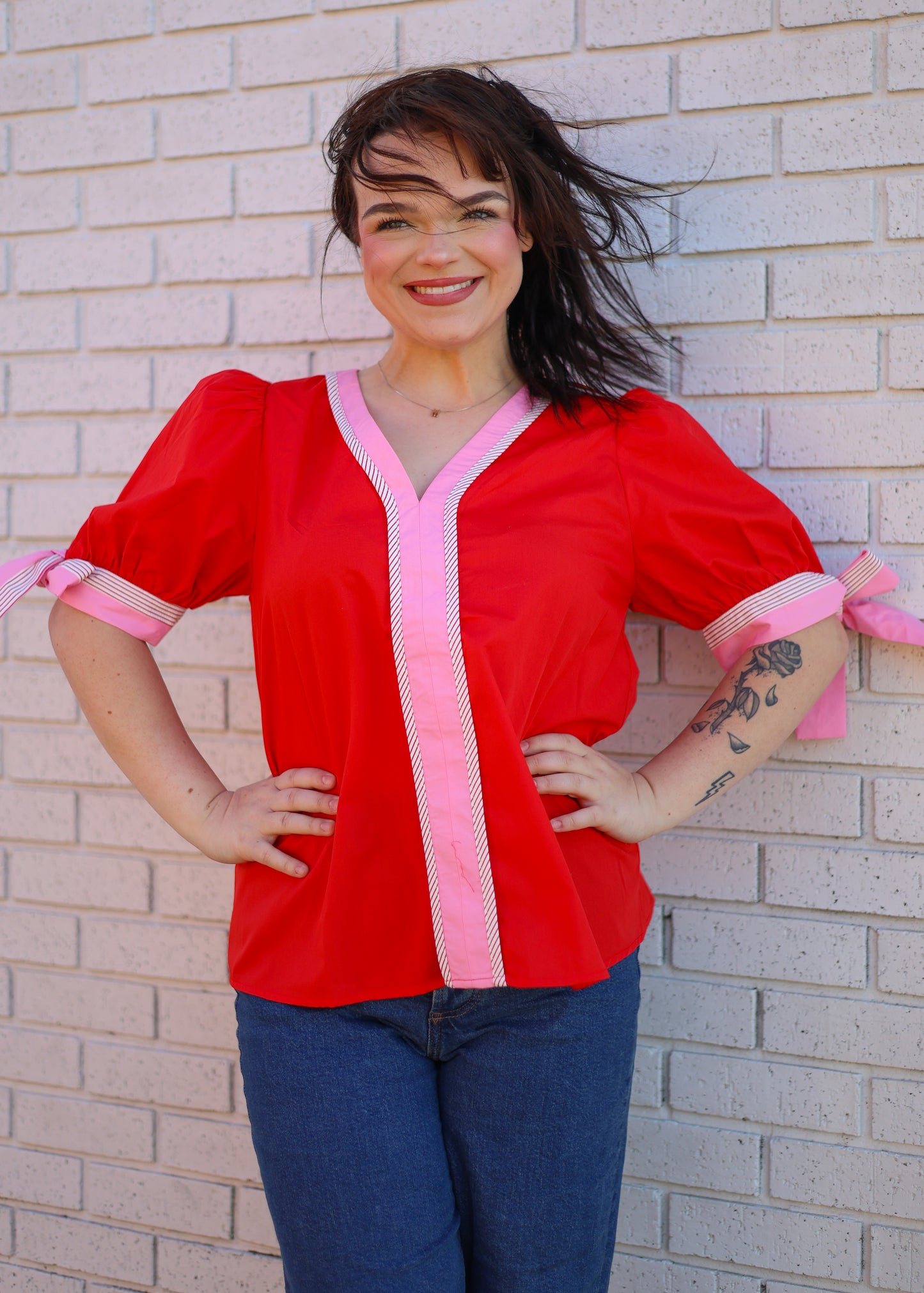 RED PUFF SLEEVE BLOUSE W/STRIPED & PINK TRIM