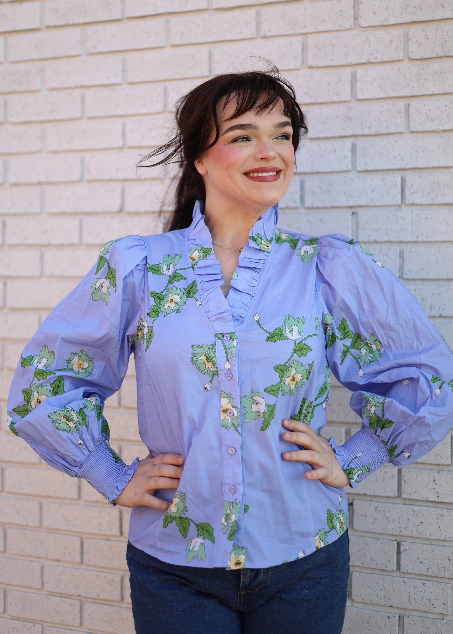 BLUE FLORAL LONG SLEEVE SMOCKED WRIST BLOUSE