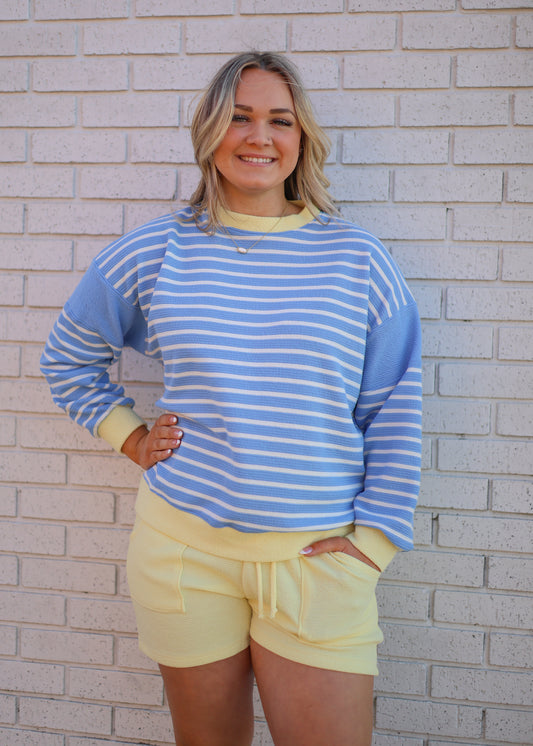 BLUE & BANANA YELLOW STRIPE TOP WITH SHORTS 2PC SET