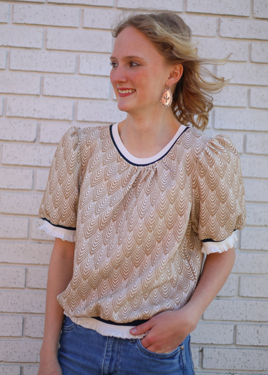 STRIPE RUFFLE BAND WAVY PATTERN BLOUSE - TAUPE